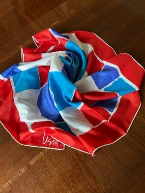 Vera Neumann Signature Red, Blue & White Scarf 26“ x 26“ hand rolled vintage